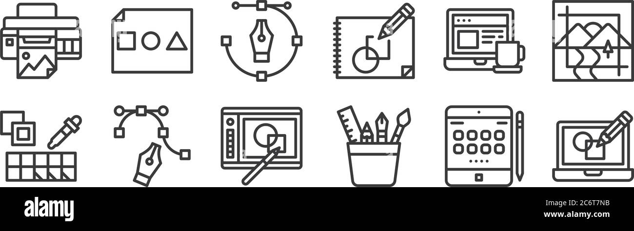 12 insieme di icone di disegno grafico lineare. icone di contorno sottile come de, strumento grafico, , lavoro, strumento penna, forme di base per il web, mobile Illustrazione Vettoriale