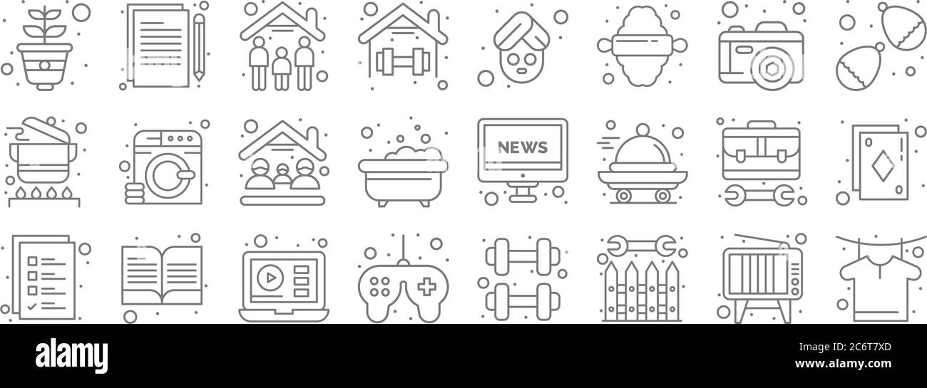resta a home line icone. set lineare. qualità vettore linea set come tshirt, confine, controller di gioco, checklist, toolbox, soggiorno a casa, palloncino acqua Illustrazione Vettoriale