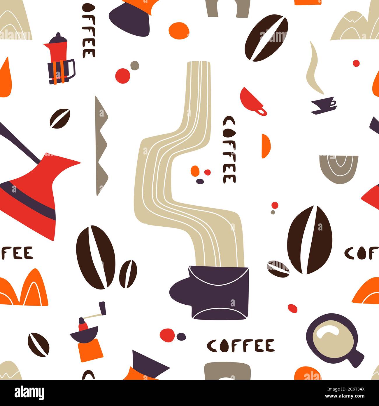 Modello di caffè con pentole e tazze da tè. Il caffè è sempre una buona idea. Texture senza cuciture per la progettazione di menu. Modello senza giunture vettoriale Illustrazione Vettoriale