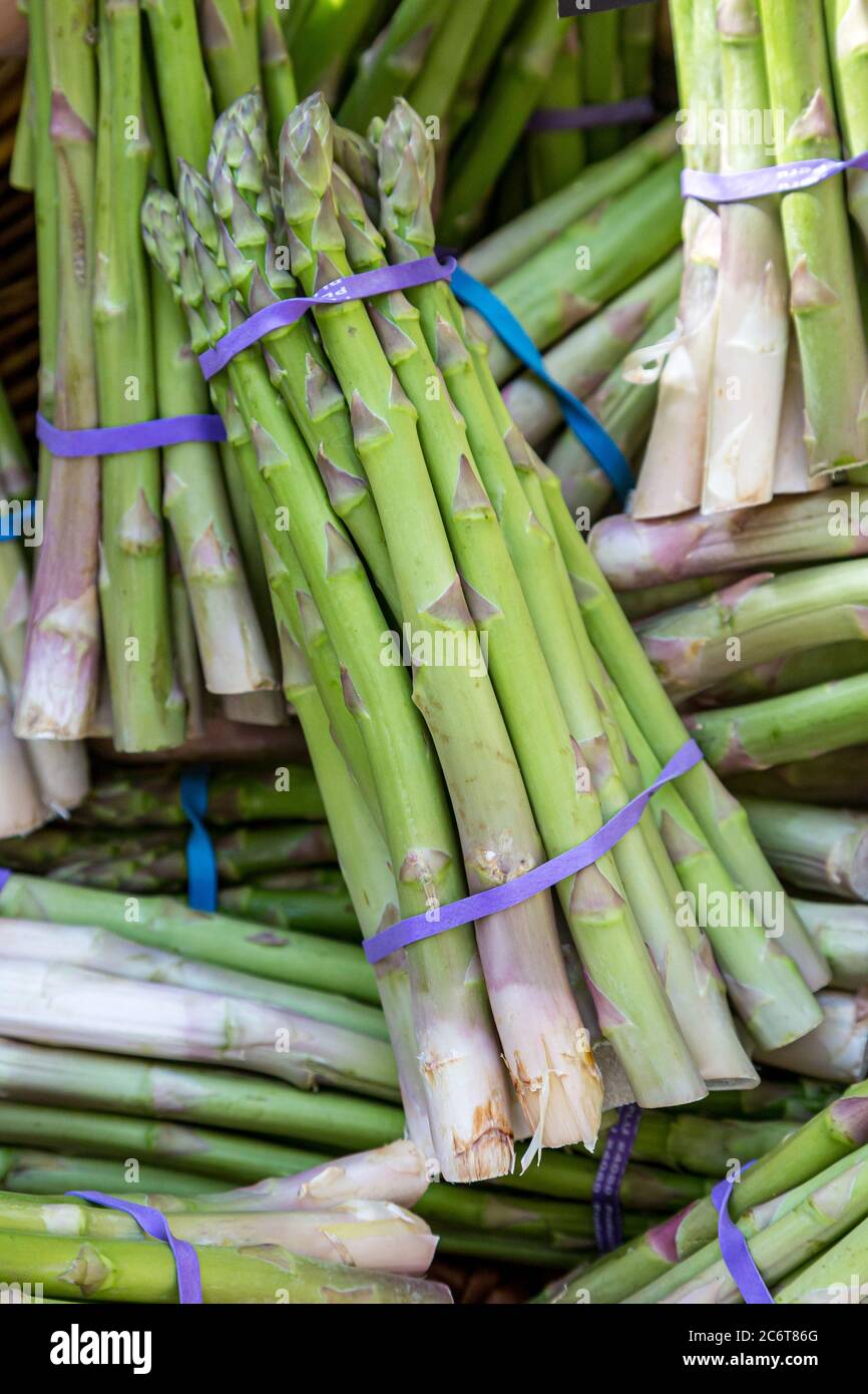 Mazzi di asparagi in vendita su una bancarella del mercato agricolo Foto Stock