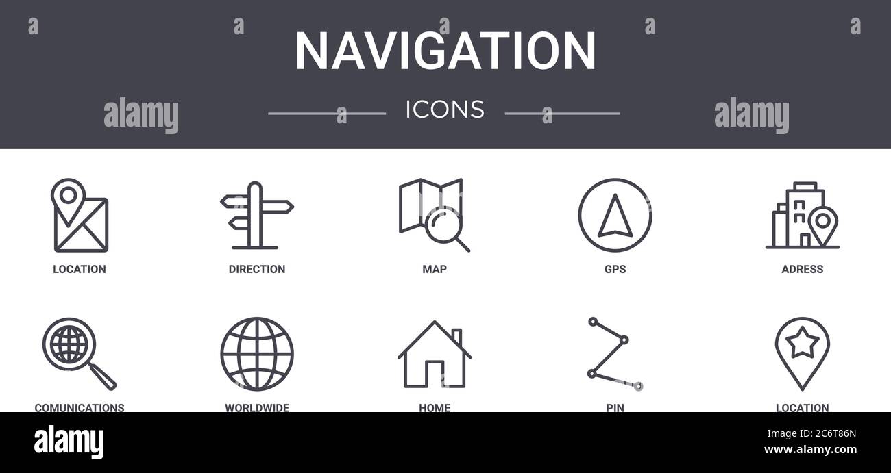 set di icone della linea di concetto di navigazione. contiene icone utilizzabili per il web, il logo, l'interfaccia utente/ux, quali direzione, gps, comunicazioni, home, pin, posizione, indirizzo, mappa Illustrazione Vettoriale