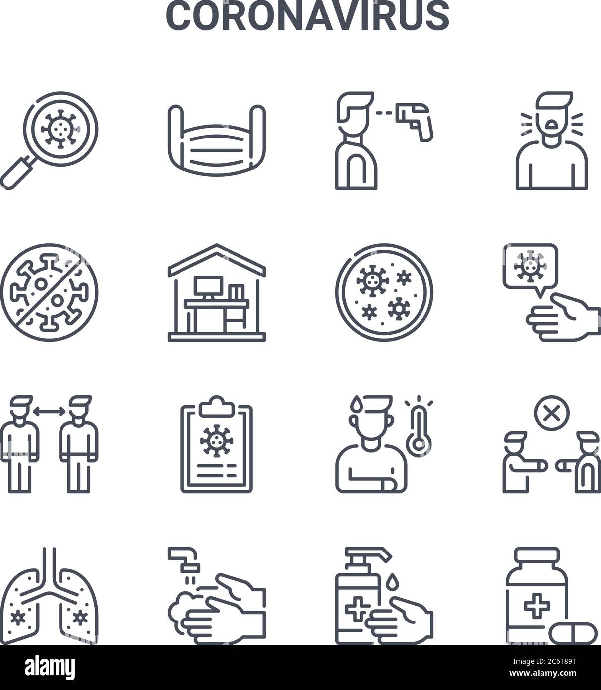 set di 16 icone di linee vettoriali di concetto coronavirus. 64x64 icone di ictus sottili come maschera, nessun virus, mano, febbre, lavarsi le mani, farmaci, disinfettante per le mani Illustrazione Vettoriale