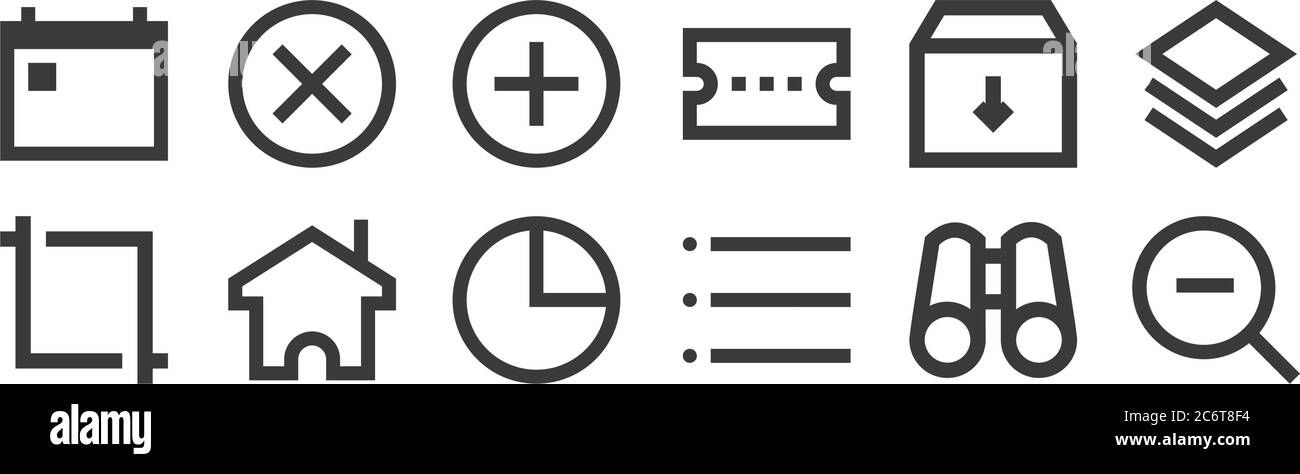 12 insieme di icone dell'interfaccia utente lineare. icone con contorni sottili come zoom indietro, elenco, home, archivio, aggiungi, annulla per il web, cellulare Illustrazione Vettoriale