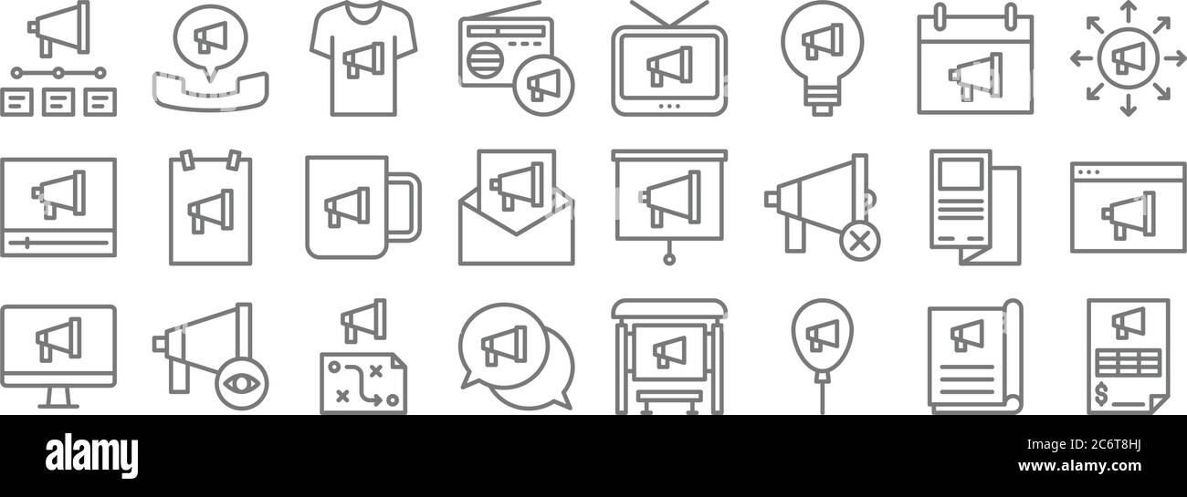 icone di linea di pubblicità. insieme lineare. insieme di linea di vettore di qualità come bilancio, bollatura, chat, computer, volantino, tazza, marketing, televisione, telefono Illustrazione Vettoriale