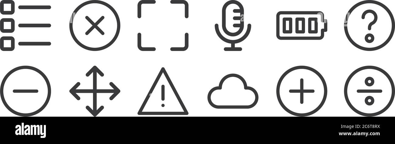 12 set di icone dell'interfaccia utente lineare. icone con contorni sottili come divide, nuvola, sposta, carica batteria, ingrandisci, moltiplica per il web, mobile Illustrazione Vettoriale