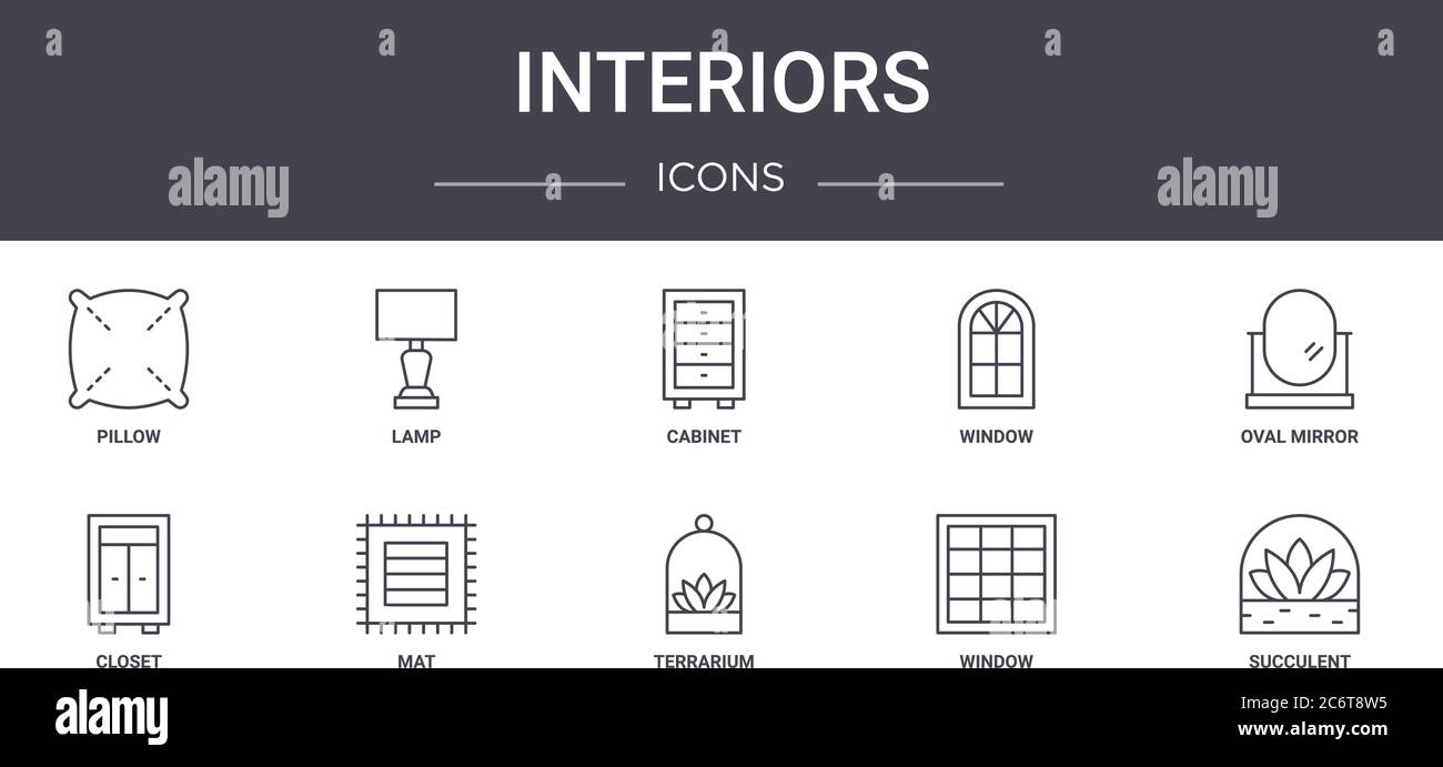 set di icone per linee di concetto di interni. contiene icone utilizzabili per web, logo, ui/ux come lampada, finestra, armadio, terrario, finestra, succulente, specchio ovale, Illustrazione Vettoriale