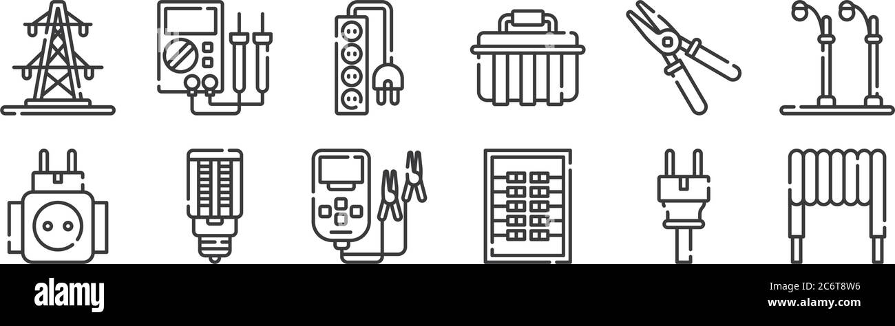 12 set di icone di strumenti ed elementi lineari per elettricisti. icone con contorni sottili come induttore, circuito, lampada a led, pinze, presa multipla, multimetro per nastro Illustrazione Vettoriale