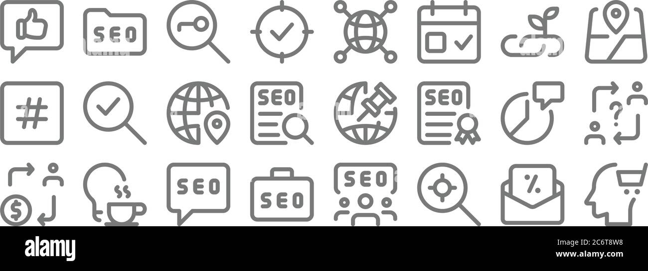 web apps icone linea seo. set lineare. qualità insieme di linee vettoriali come testa, ricerca, lavoro, utente, messaggio, globale, posizione, connesso, cartella Illustrazione Vettoriale