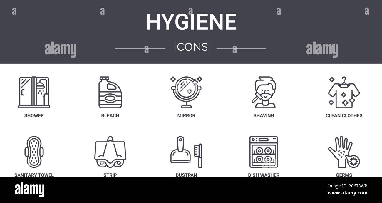 set di icone della linea di concetto di igiene. contiene icone utilizzabili per web, logo, ui/ux come candeggina, rasatura, asciugamano, paletta, lavastoviglie, germi, pulizia Illustrazione Vettoriale