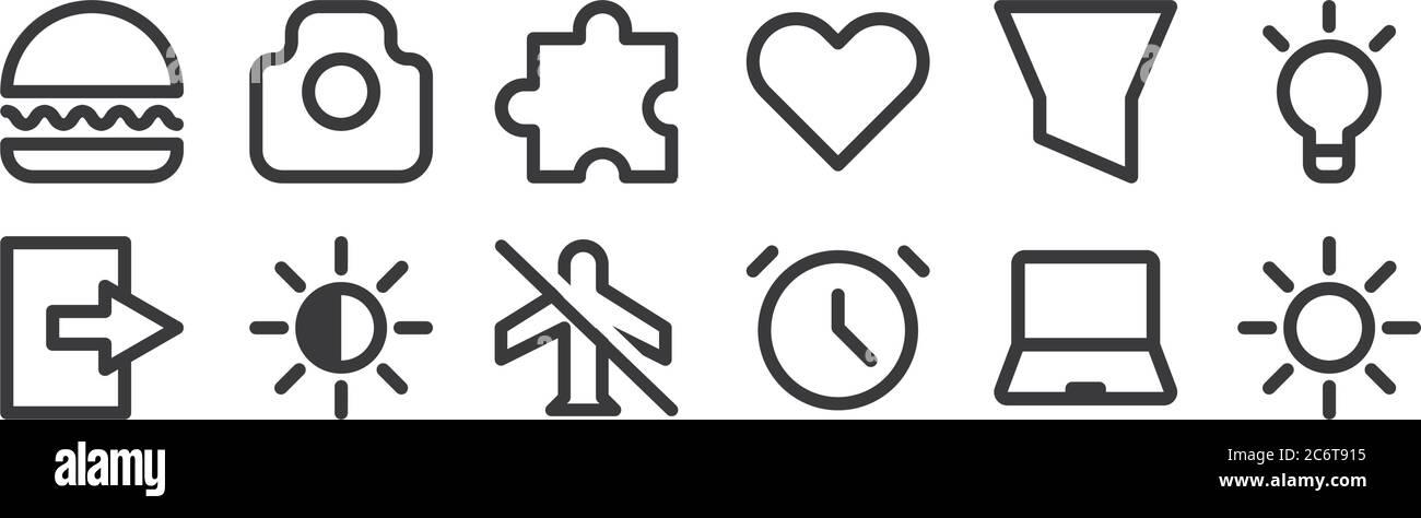 12 insieme di icone dell'interfaccia utente lineare. icone con contorni sottili come luminosità, orologio, contrasto, filtro, plugin, fotocamera per web, cellulare Illustrazione Vettoriale