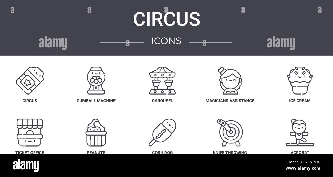 set di icone della linea di concetto circus. contiene icone utilizzabili per il web, logo, ui/ux come la macchina della gumball, l'assistenza dei maghi, biglietteria, cane del mais, knif Illustrazione Vettoriale