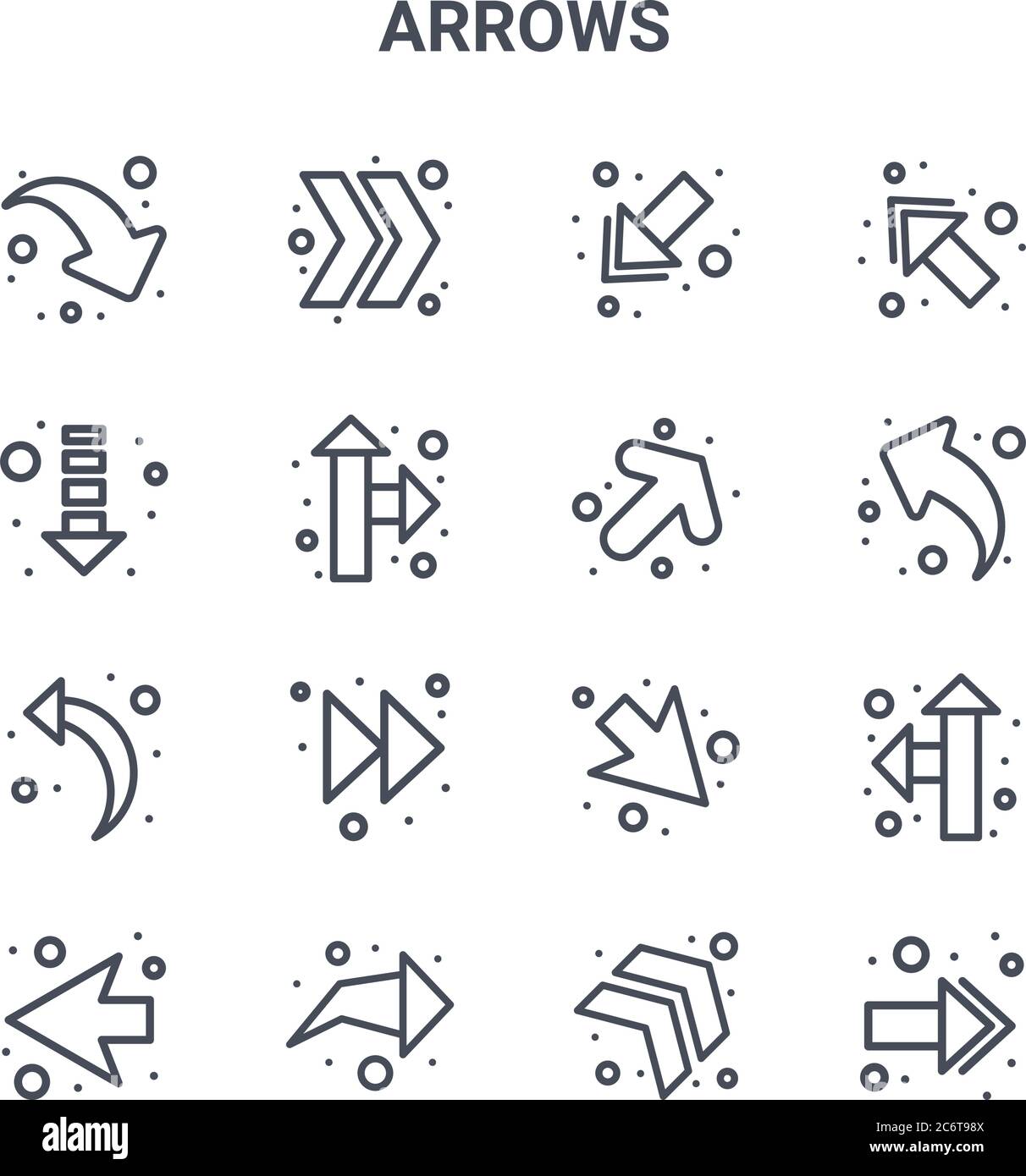 set di 16 frecce icone di linee vettoriali. 64x64 icone di tratti sottili come il chevron destro, download, freccia verso l'alto, , freccia destra, freccia destra, svolta tu Illustrazione Vettoriale