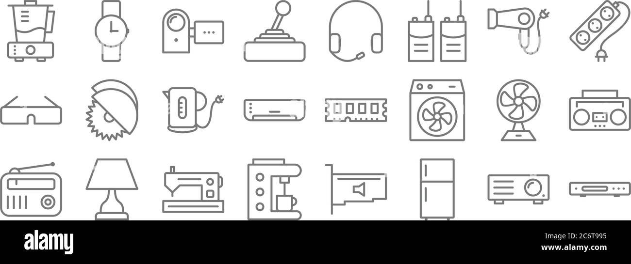 dispositivi elettronici icone di linea. set lineare. qualità vettoriale set di linee come lettore dvd, frigorifero, macchina per il caffè, radio, ventilatori, bollitore, cavi di prolunga, orecchio Illustrazione Vettoriale