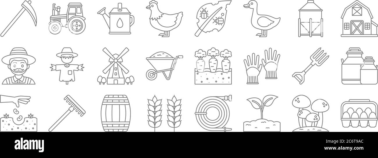 icone di linea di agricoltura. insieme lineare. insieme di linea di vettore di qualità come uova, pianta, grano, semina, forchetta, mulino a vento, fienile, peste, trattore Illustrazione Vettoriale