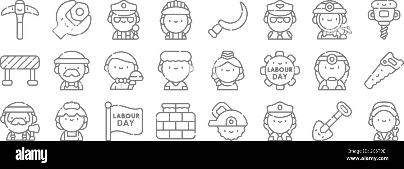 labor day line icons. set lineare. set di linee vettoriali di qualità come operaio, poliziotto, muro di mattoni, lumberjack, medico, cameriere, martello pneumatico, falce, wr Illustrazione Vettoriale