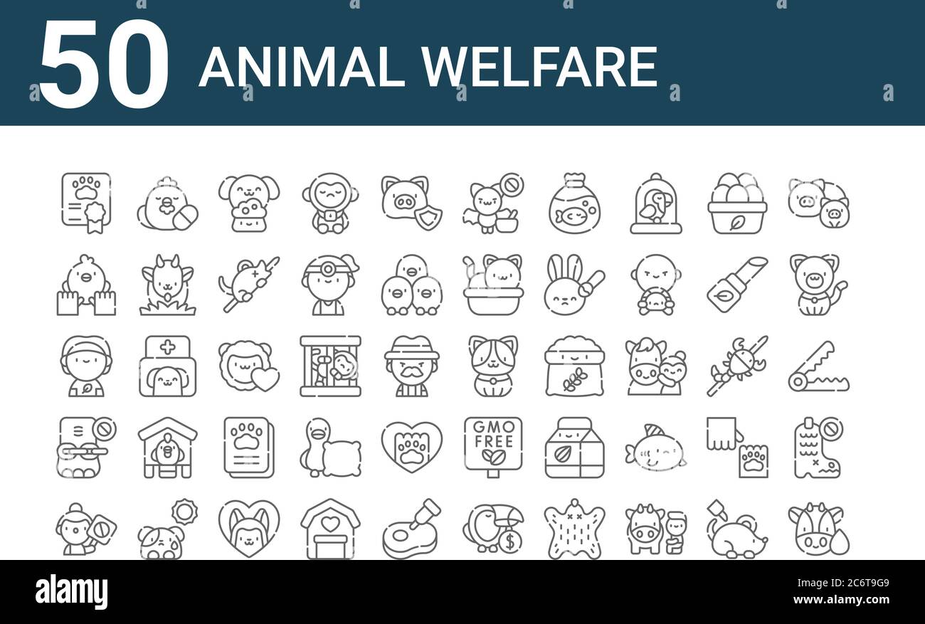 set di 50 icone di benessere degli animali. delineare icone sottili come mucca, attivista, elefante, vegano, cura degli animali, pollame, cane Illustrazione Vettoriale