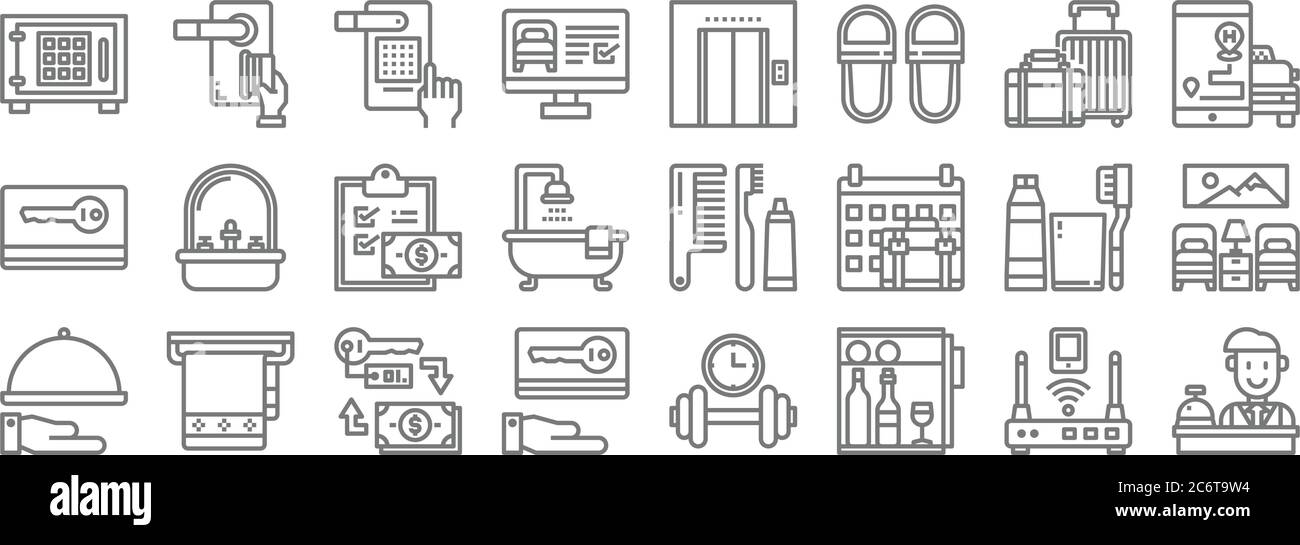 icone della linea alberghiera. set lineare. set di linee vettoriali di qualità come ricezione, frigorifero, chiave, mano, spazzolino da denti, appunti, smartphone, ascensore, keycard Illustrazione Vettoriale