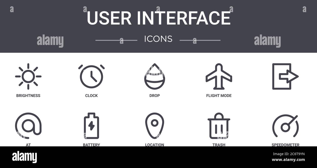 set di icone della linea di concetto dell'interfaccia utente. contiene icone utilizzabili per il web, il logo, l'interfaccia utente/utente, quali orologio, modalità volo, at, posizione, cestino, tachimetro, , caduta Illustrazione Vettoriale