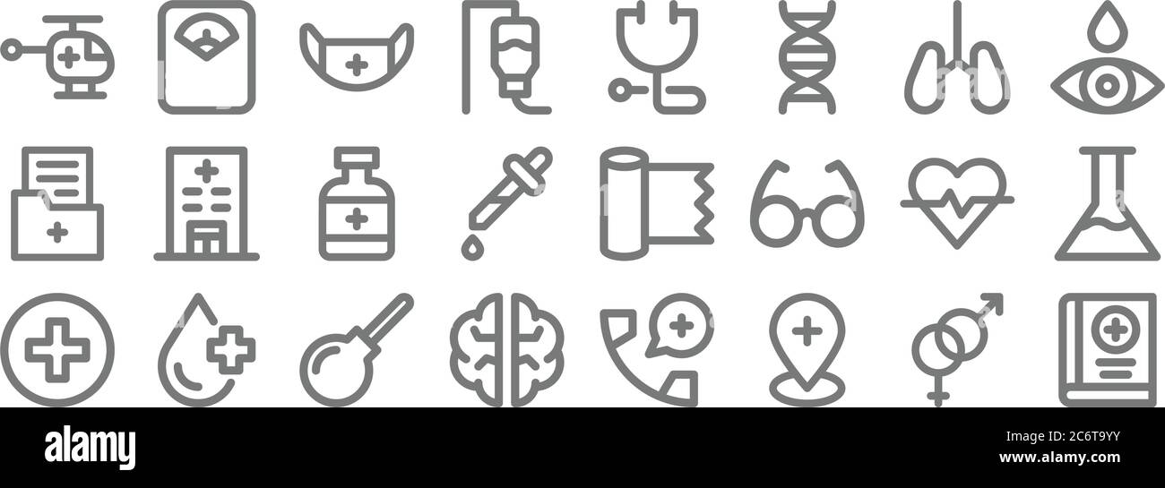 icone di riga degli articoli medici. set lineare. set di linee vettoriali di qualità come libro medico, pin, cervello, salute, frequenza cardiaca, flacone, contagocce, stetoscopio, Illustrazione Vettoriale