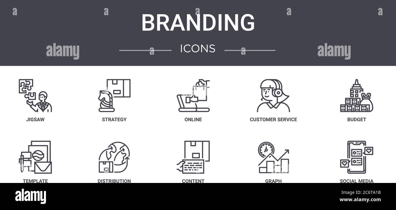 insieme di icone della linea di concetto di branding. contiene icone utilizzabili per il web, il logo, l'interfaccia utente/utente, quali strategia, servizio clienti, modello, contenuto, grafico, social media Illustrazione Vettoriale