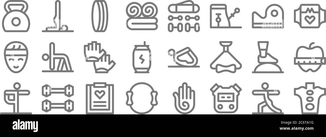 icone linea pilates. set lineare. set di linee vettoriali di qualità come pietra calda, cronometro, pilates, yoga, palla bosu, guanti, smartwatch, accessori, yoga Illustrazione Vettoriale