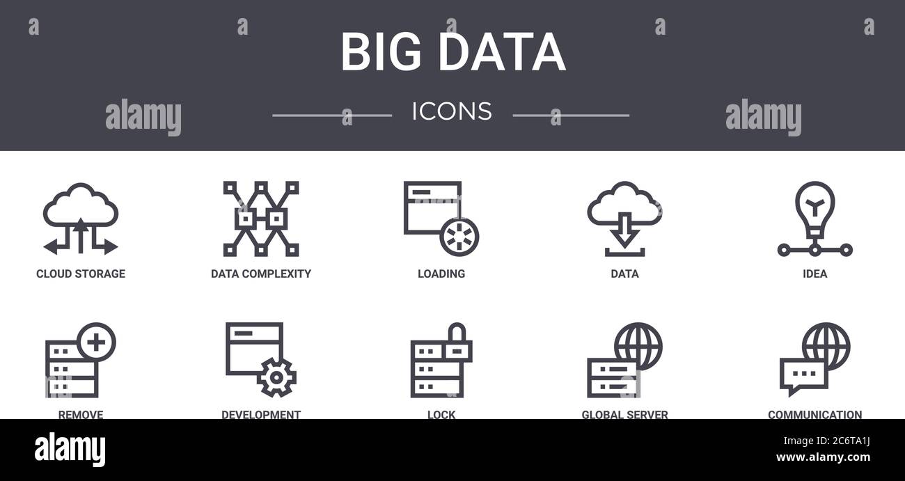 set di icone della linea di concetto dei big data. contiene icone utilizzabili per il web, il logo, l'interfaccia utente/utente, ad esempio la complessità dei dati, i dati, la rimozione, il blocco, il server globale, la comunicazione, Illustrazione Vettoriale