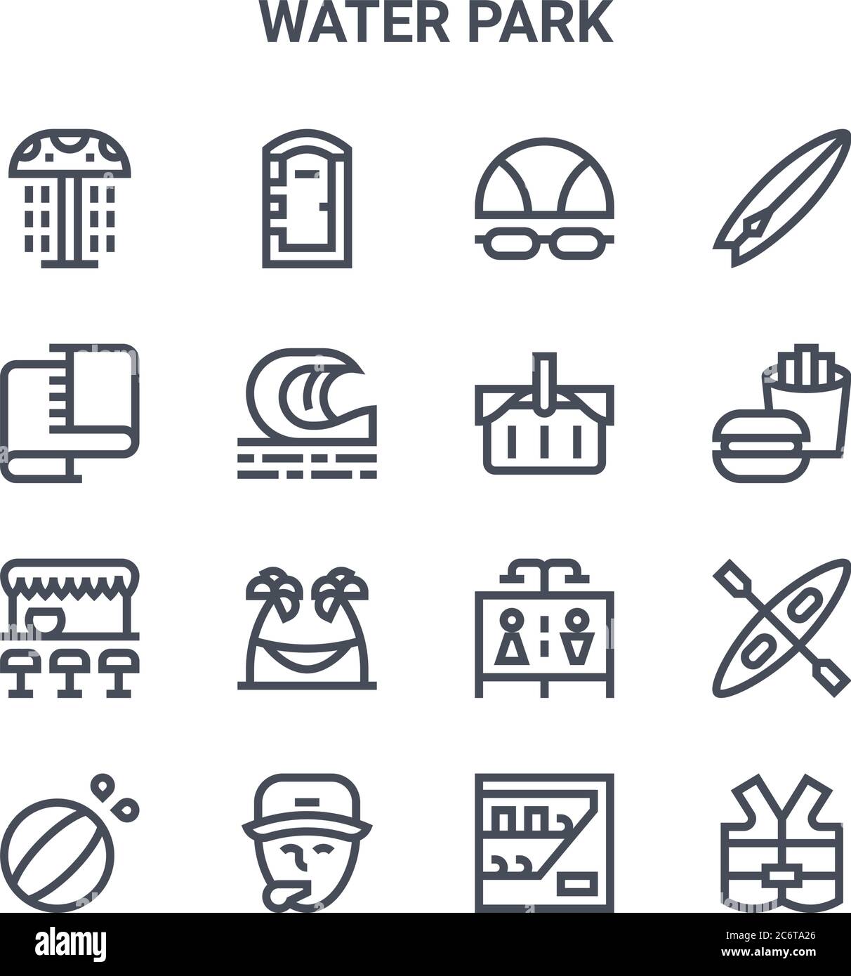 set di 16 icone di linee vettoriali di concetto di parco acquatico. icone a 64 bit con tratti sottili come toilette portatile, asciugamano, fast food, doccia, salvavalvole, giubbotto salvavalvole, fazzoletto Illustrazione Vettoriale