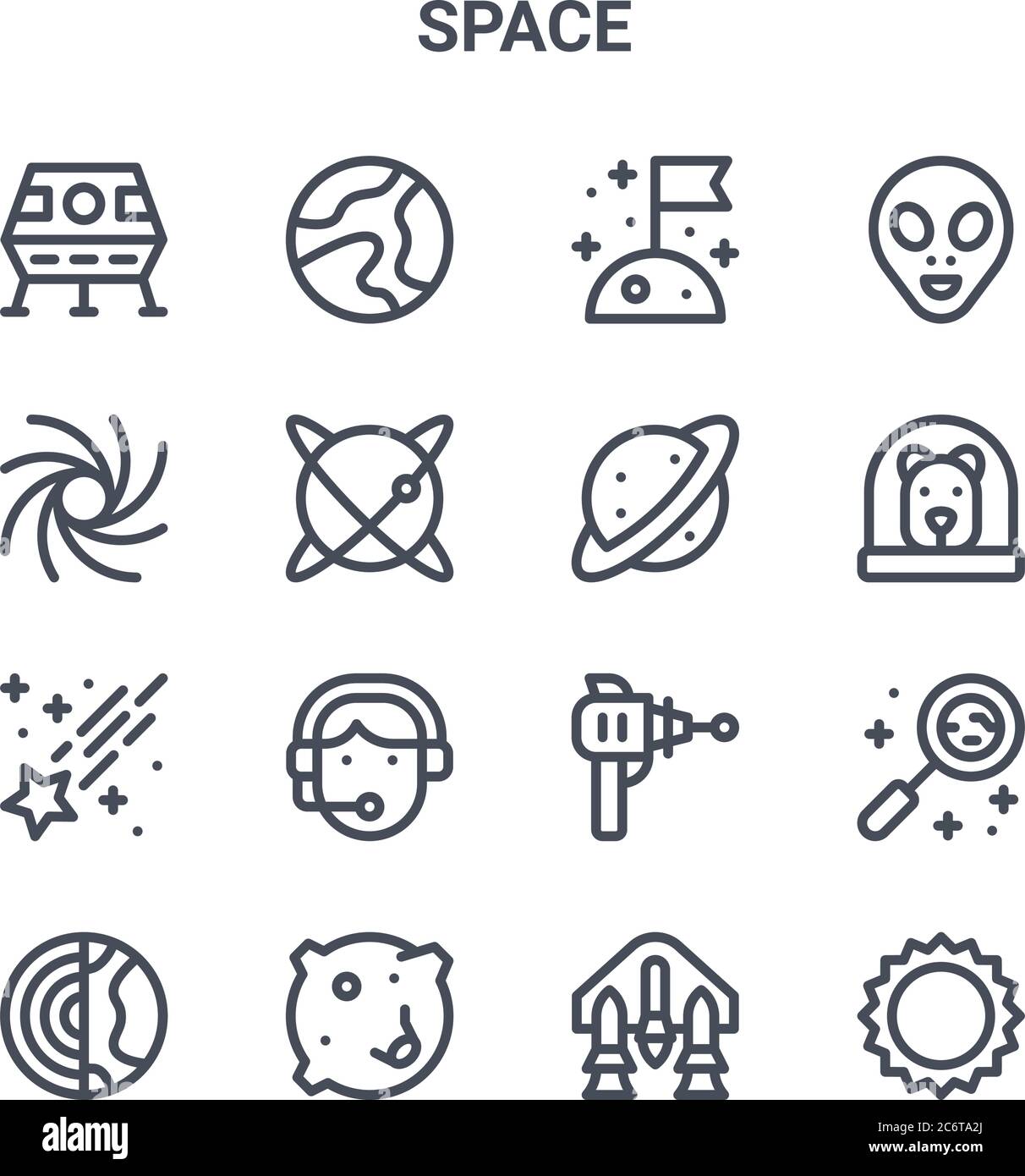 set di 16 icone di linee vettoriali per il concetto di spazio. 64x64 icone di tratti sottili come terra, modo lattiginoso, cane, blaster, crateri lunari, sole, nave spaziale, saturno, alie Illustrazione Vettoriale