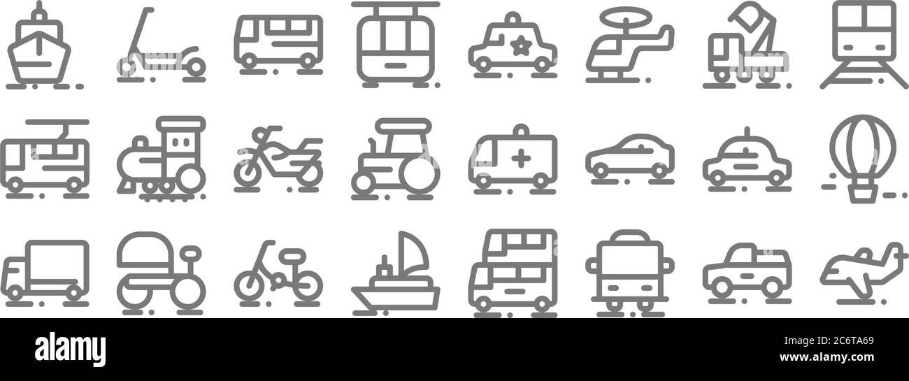 icone di linea di veicoli. set lineare. set di linee vettoriali di qualità come aereo, autobus, barca, camion, taxi, moto, treno, auto di polizia, scooter Illustrazione Vettoriale