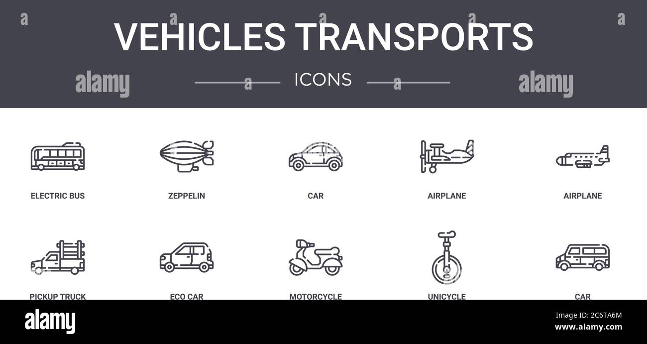 veicoli trasporti set di icone di linee concettuali. contiene icone utilizzabili per web, logo, ui/ux come zeppelin, aereo, pick-up, moto, monociclo, Illustrazione Vettoriale