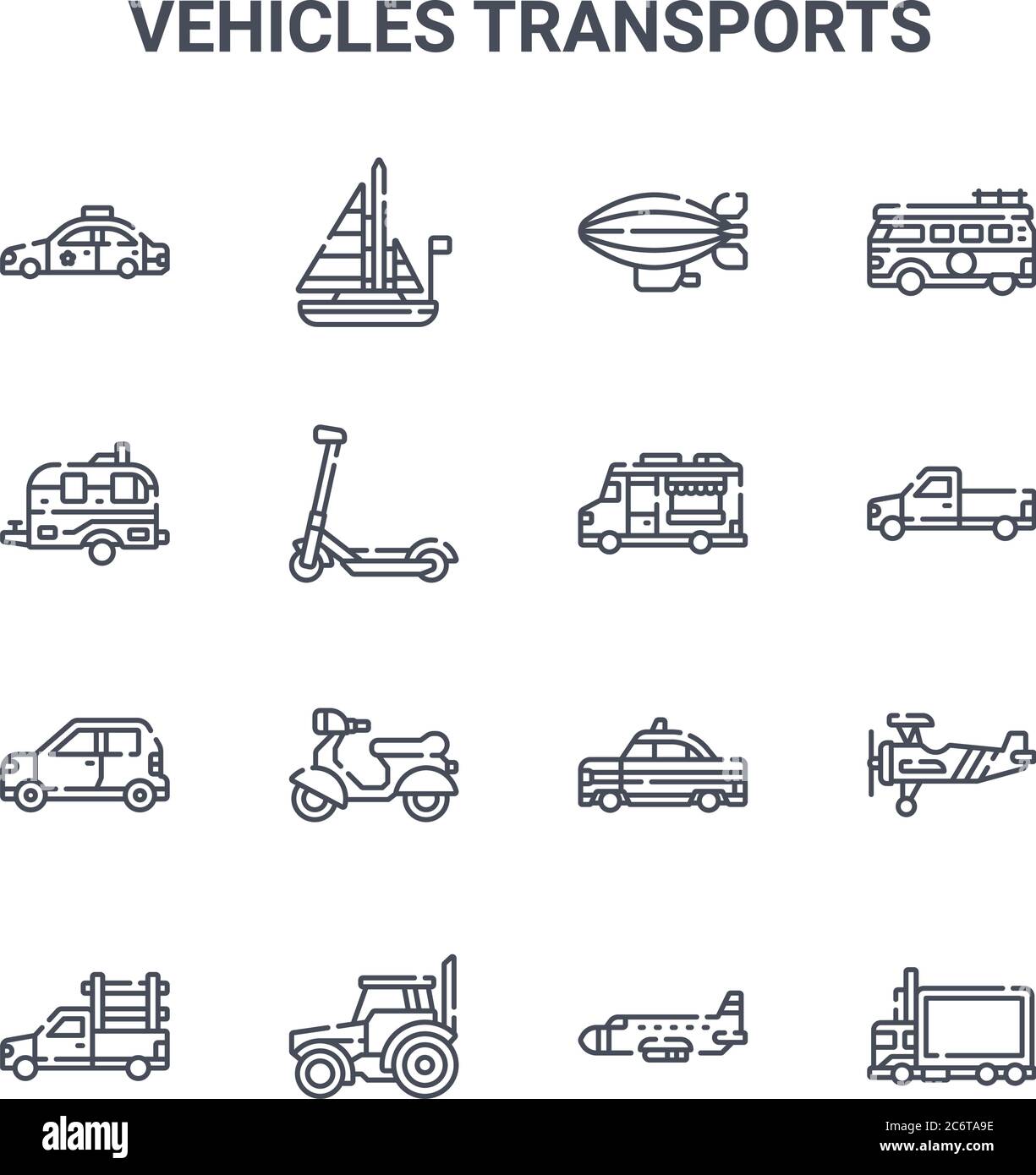 set di 16 veicoli trasporta icone di linee vettoriali concettuali. icone di corsa sottile 64x64 come barca a vela, camper, pick up camion, taxi, trattore, consegna t Illustrazione Vettoriale