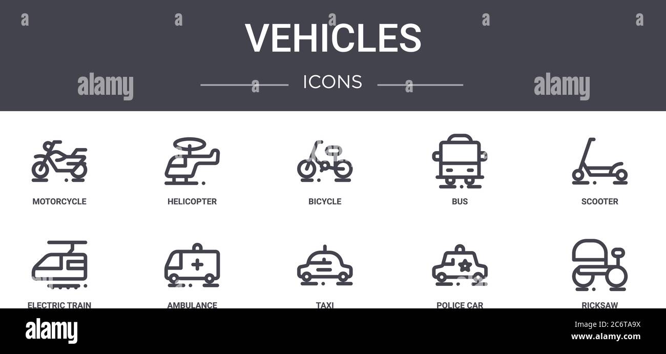 set di icone della linea di concetto dei veicoli. contiene icone utilizzabili per il web, il logo, l'interfaccia utente/utente, come elicottero, autobus, treno elettrico, taxi, macchina di polizia, risciò, scooter Illustrazione Vettoriale