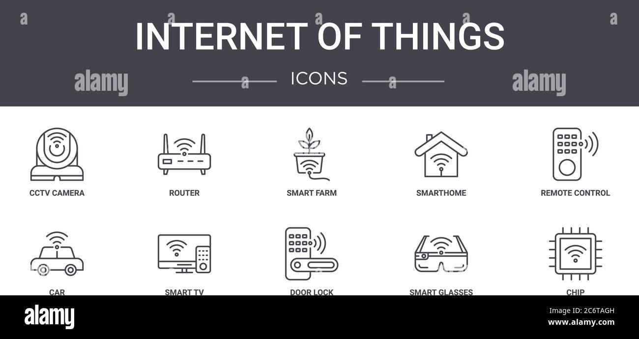 set di icone della linea di concetto internet of things. contiene icone utilizzabili per il web, logo, ui/ux come router, smarthome, auto, serratura porta, occhiali intelligenti, chip, Illustrazione Vettoriale