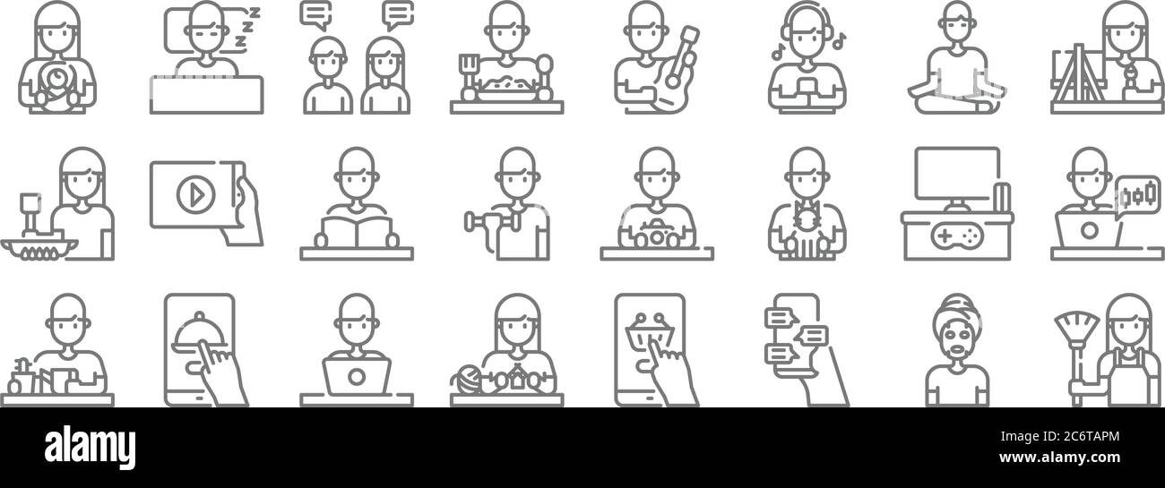 icone di linea di soggiorno a casa. set lineare. insieme di linea vettoriale di qualità come scopa, chatting, maglieria, annaffiatura piante, joystick, libro di lettura, artista, guita Illustrazione Vettoriale