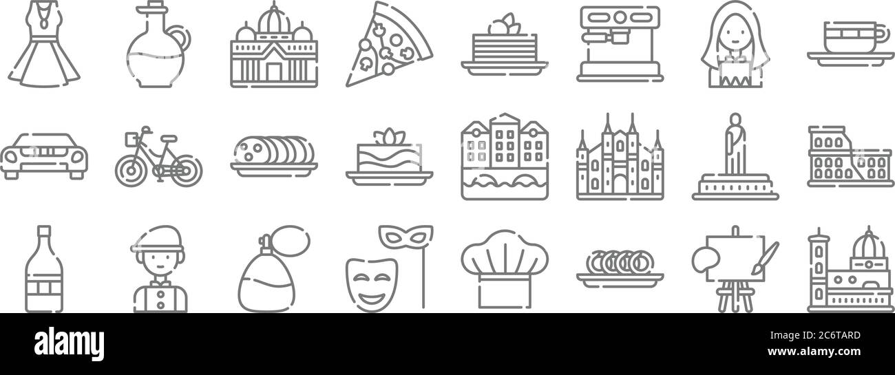 icone linea italia. set lineare. set di linee vettoriali di qualità come firenze, taralli, maschera, vino, statua, ciabatta, cappuccino, tiramisù, olio d'oliva Illustrazione Vettoriale
