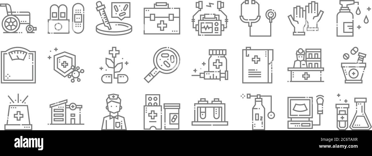 icone di linea per servizi medici. set lineare. set di linee vettoriali di qualità come ricerca, tubo ossigeno, farmaci, sirena, receptionist, capsula, antisettico, d Illustrazione Vettoriale