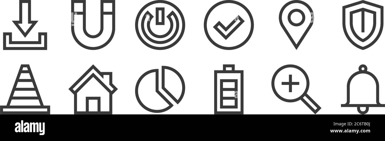 12 set di icone essenziali per il web lineare. icone con contorni sottili come allarme, batteria, casa, posizione, alimentazione, magnete per il web, cellulare Illustrazione Vettoriale