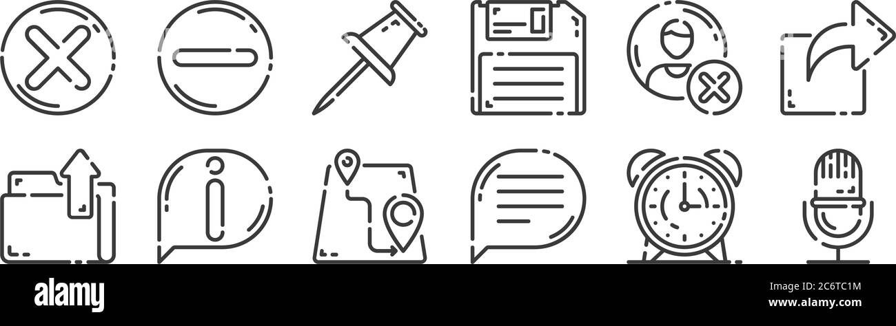 12 set di icone dell'interfaccia utente lineare. icone con contorni sottili come microfono, messaggio, informazioni, elimina account, marcatore, rimuovi per il web, cellulare Illustrazione Vettoriale
