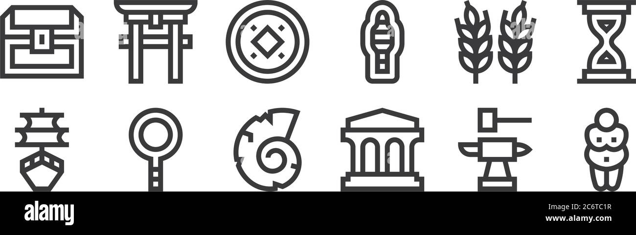 12 set di icone di storia lineare. icone di contorni sottili come venere di willendorf, museo, loup, grano, moneta cinese, torii gate per il web, mobile Illustrazione Vettoriale