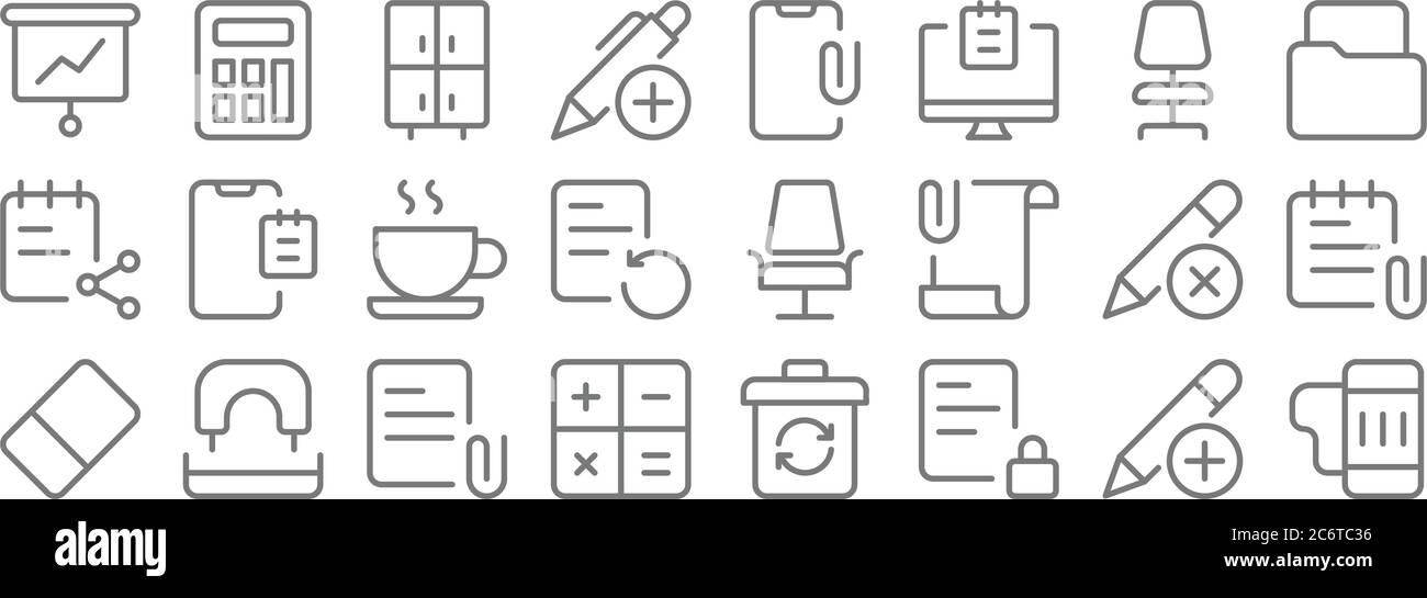 icone della linea di fornitura dell'ufficio. set lineare. set di linee vettoriali di qualità come tazza, bloccato, tasti, cancellatore, elimina, tazza da caffè, file, clip, calcolatrice Illustrazione Vettoriale