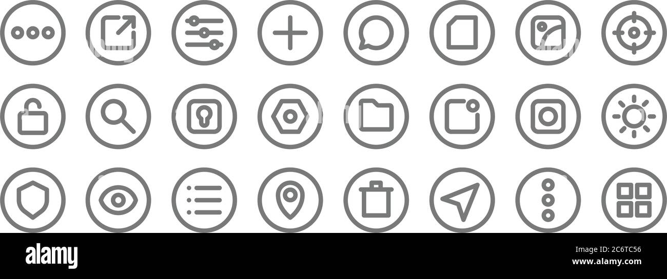 icone di base della linea dell'interfaccia utente. set lineare. set di linee vettoriali di qualità come griglia, cursore, puntina, schermo, telecamera, blocco, destinazione, chat, condivisione Illustrazione Vettoriale