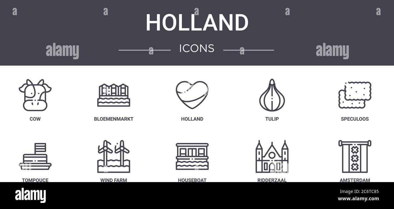set di icone della linea holland concept. contiene icone utilizzabili per il web, il logo, l'interfaccia utente/utente, come bloemenmarkt, tulip, tompouce, houseboat, ridderzaal, amsterdam, sp Illustrazione Vettoriale