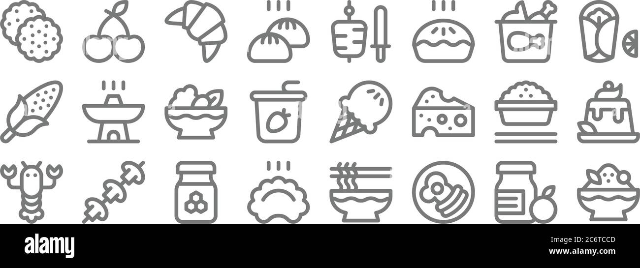 icone della linea gastronomia. set lineare. set di linee vettoriali di qualità come ghiaccio rasato, colazione, gnocchi, aragosta, ciotola di riso, insalata, burrito, kebab, ciliegia Illustrazione Vettoriale