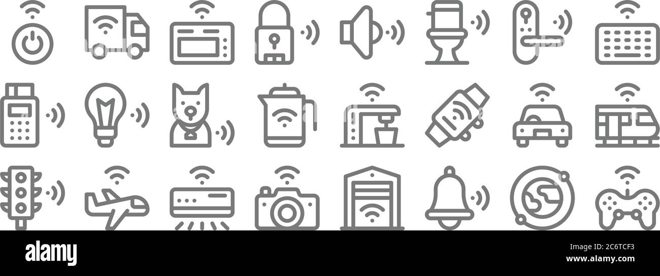 icone di linea dell'internet delle cose. set lineare. set di linee vettoriali di qualità come gamepad, campana, telecamera, traffico, auto intelligente, tracker, tastiera intelligente, altoparlante Illustrazione Vettoriale