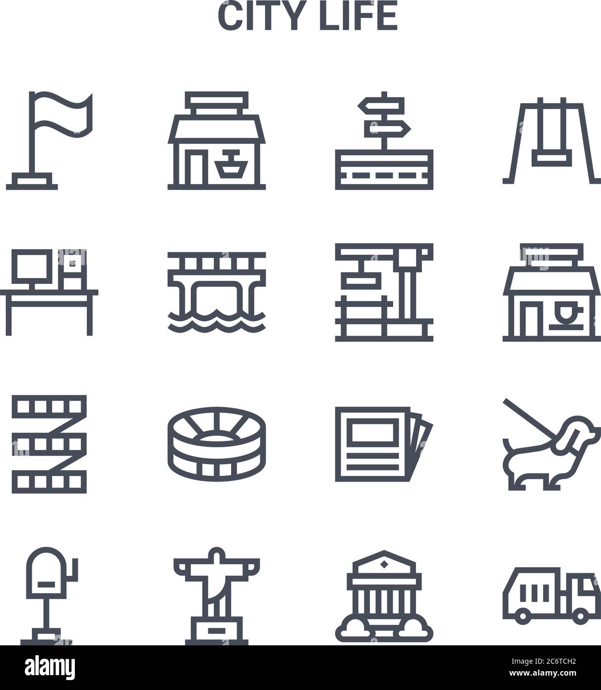 set di 16 icone di linee vettoriali di concetto di vita cittadina. 64x64 icone di tratti sottili come negozio, ufficio, bar, giornale, , veicolo per rifiuti, banca, costrutto Illustrazione Vettoriale