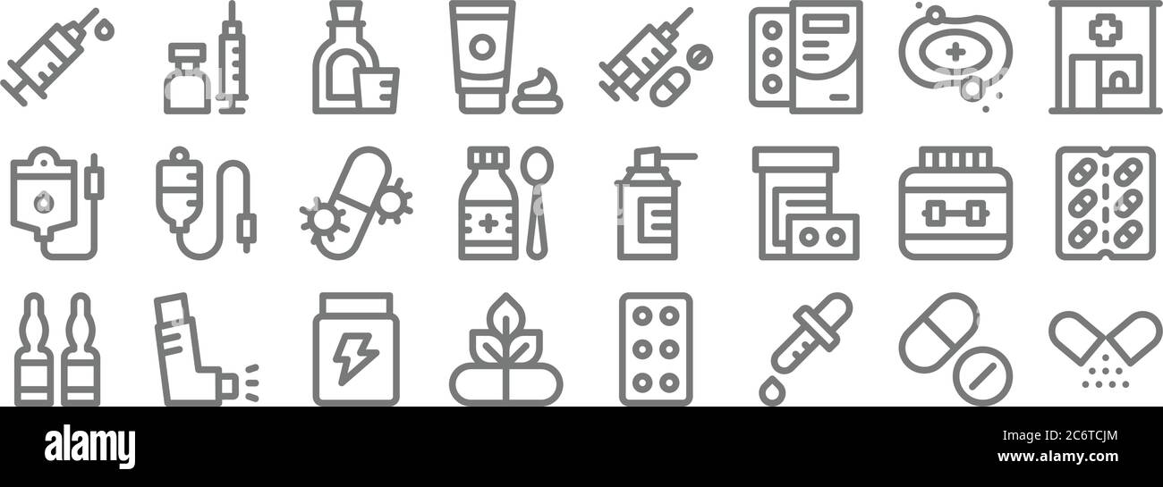 icone della linea di medicina. set lineare. set di linee vettoriali di qualità come probiotico, gocce, naturale, ampolla, palestra, antibiotico, farmacia, farmaci, inoculato Illustrazione Vettoriale