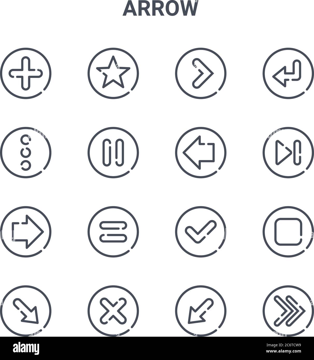 set di 16 icone di linee vettoriali con concetto di freccia. 64x64 icone di tratti sottili come stella, altro, successivo, lista di controllo, croce, destra, in basso a sinistra, sinistra, indietro Illustrazione Vettoriale