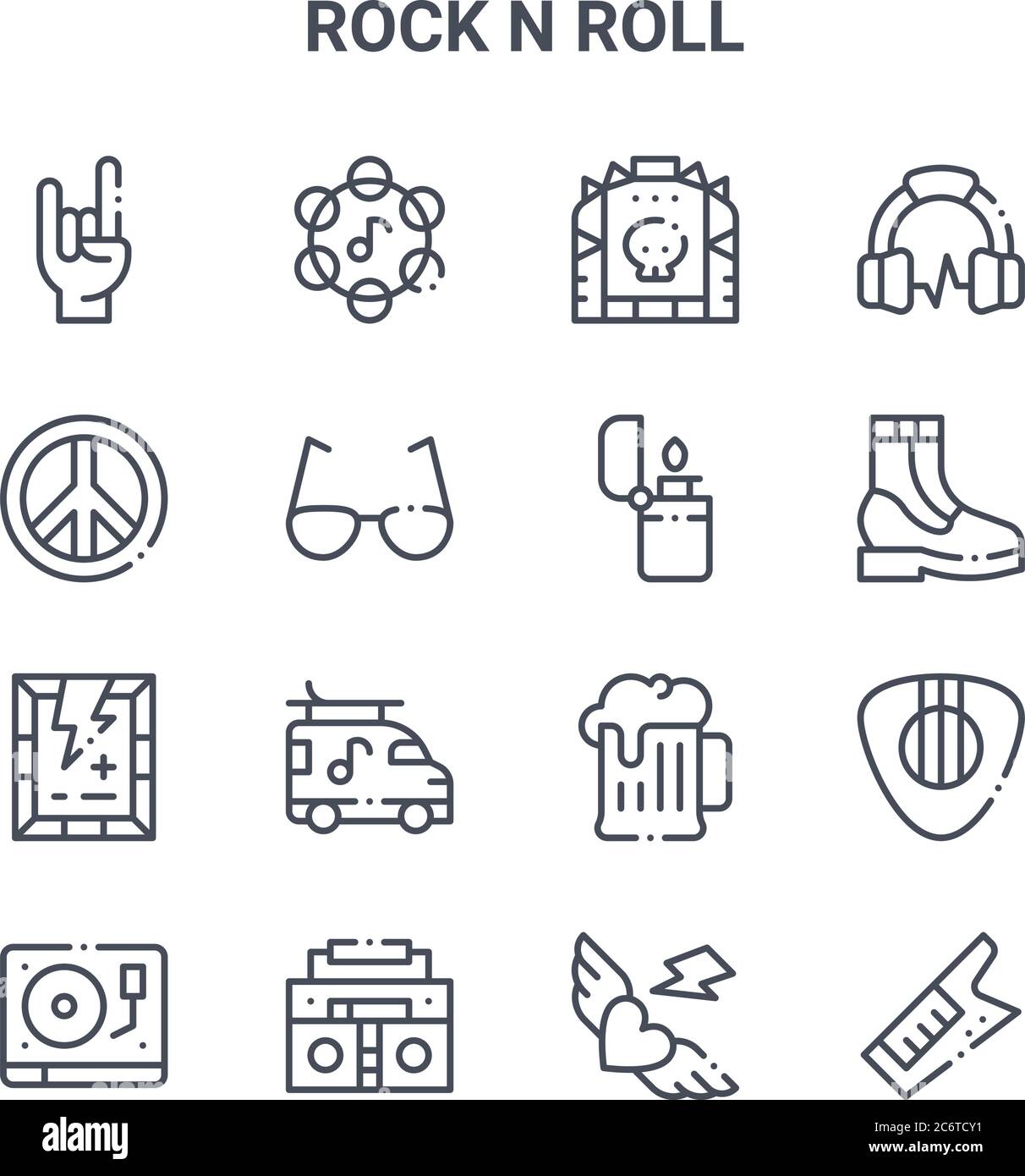 set di 16 icone di linee vettoriali di concetto rock n roll. 64x64 icone di tratti sottili come tamburello, pace, stivali, alcol, boombox, keytar, tatuaggio, più leggero, Illustrazione Vettoriale