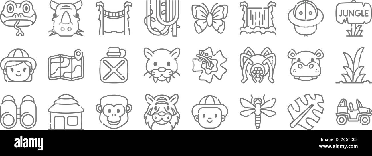 icone della linea della giungla. insieme lineare. insieme di linee vettoriali di qualità come buggy, dragonfly, tigre, binocolo, ippopotamo, mensa, giungla, farfalla, rinoceronte Illustrazione Vettoriale