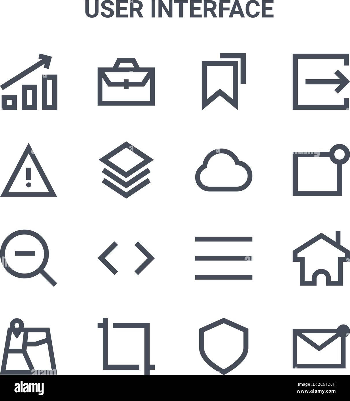 set di 16 icone di linee vettoriali di concetto dell'interfaccia utente. 64x64 icone di tratti sottili come valigetta, avviso, notifica, menu, ridimensionamento, posta, scudo, clou Illustrazione Vettoriale